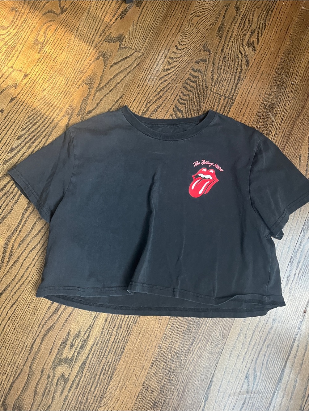 the Rolling Stones Black Crop Tee with Red Tongue Logo